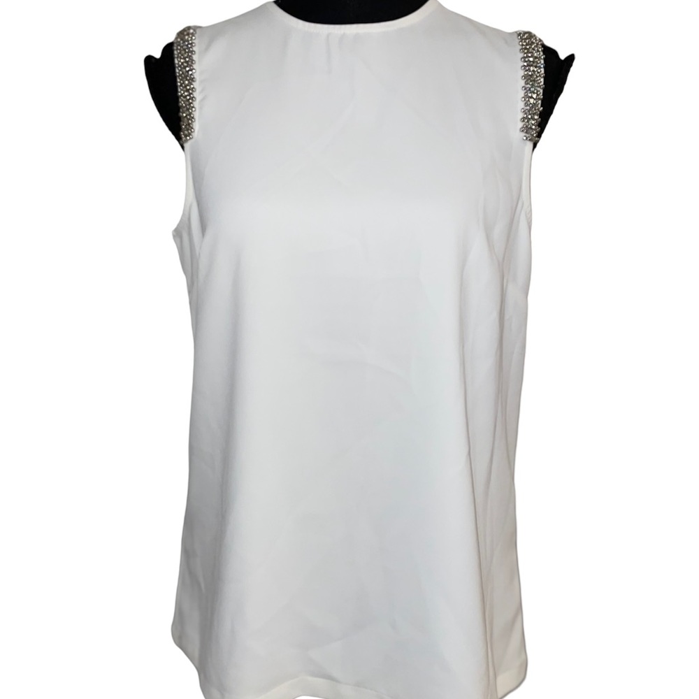 H&M White Tank Silver Bead Top (8) [Poly, Elastane]